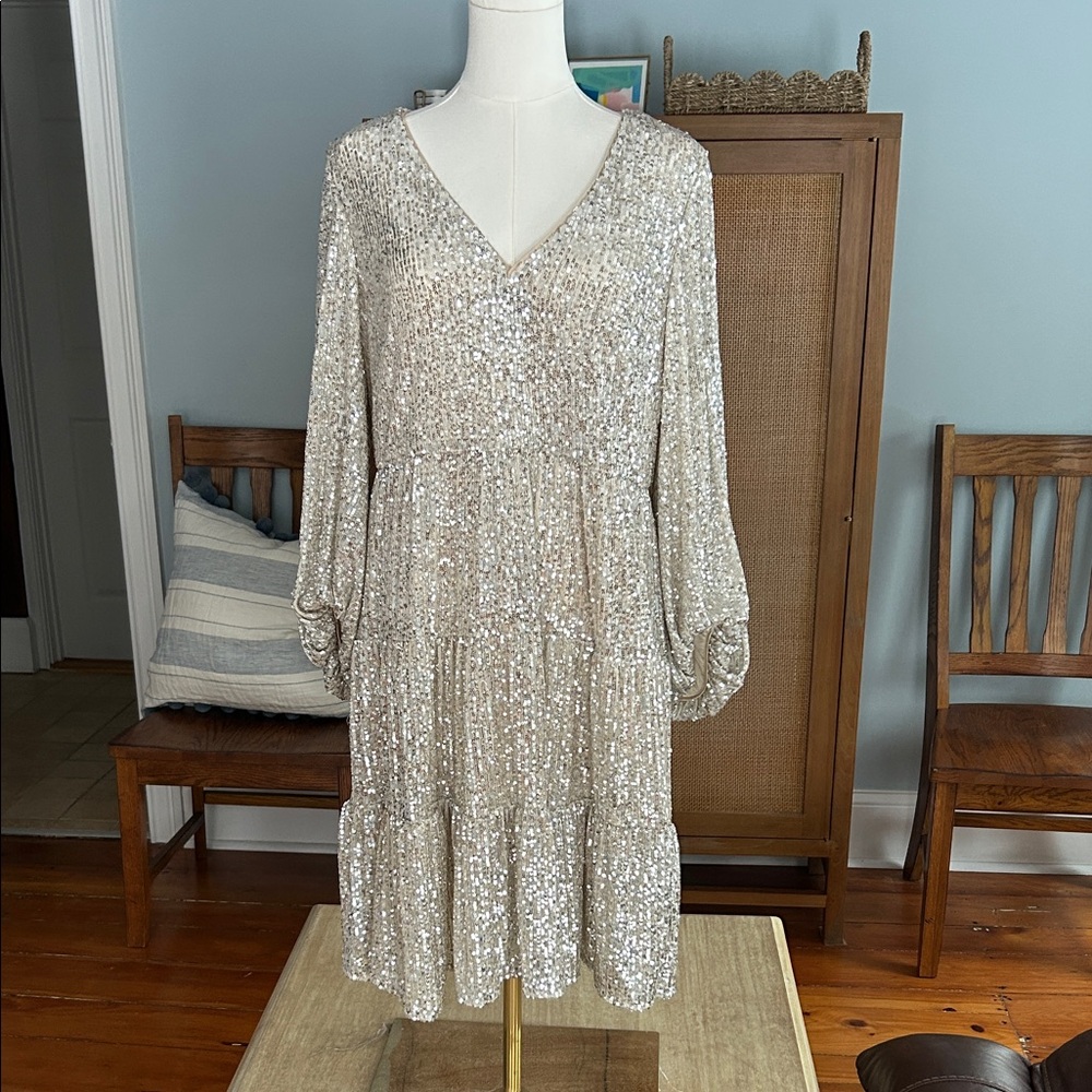 Eliza J Champagne Sequin V-Neck Long Sleeve Dress